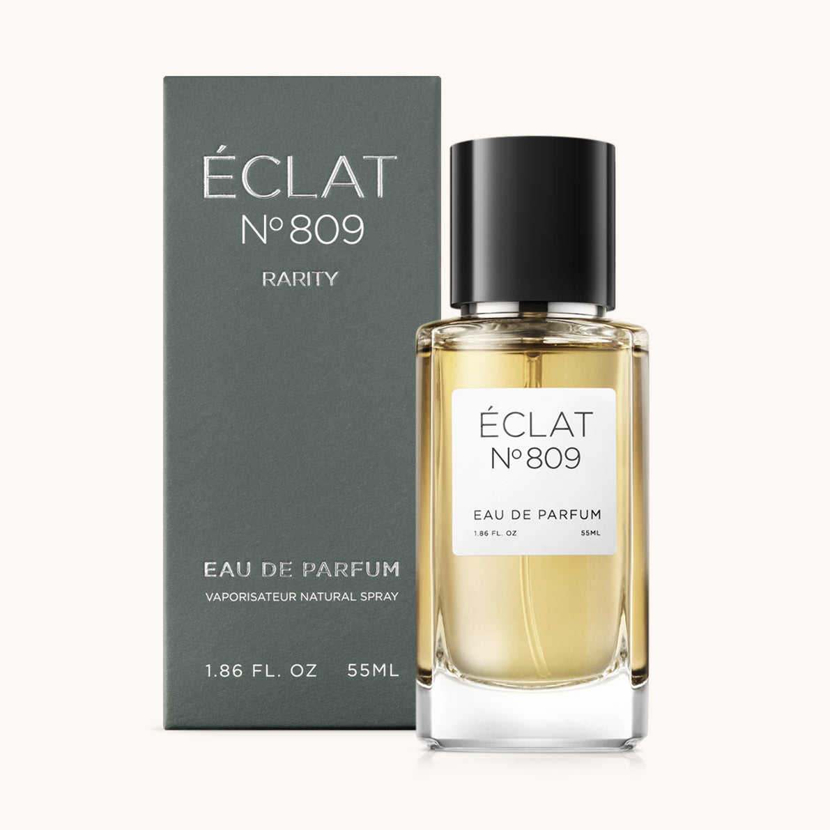 ÉCLAT No. 809 RAR men’s perfume bottle with matching green packaging. The elegant flacon features a black cylindrical magnetic cap and a clean white label with the inscription ÉCLAT No. 809 RAR and “Eau de Parfum”.