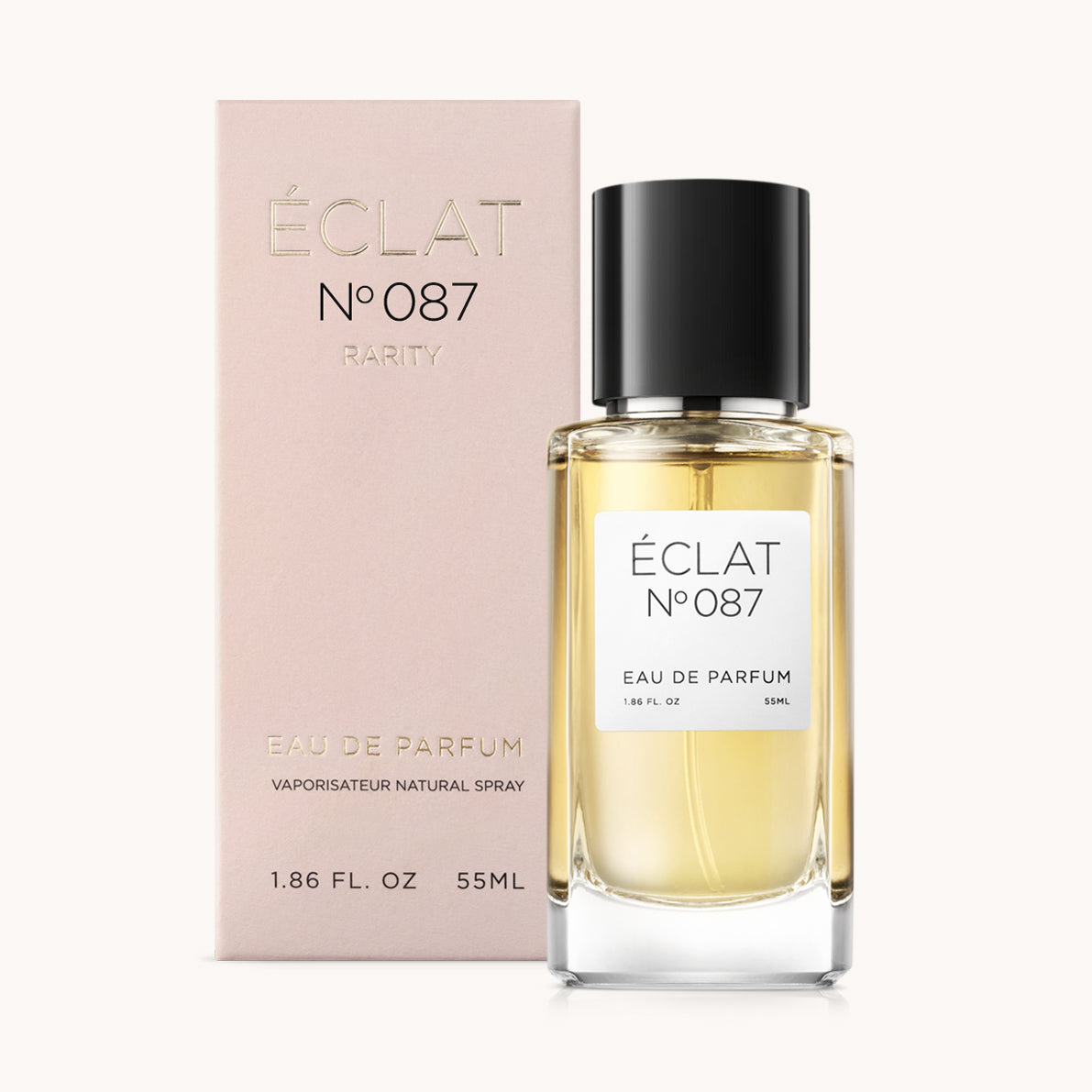ÉCLAT No. 087 RAR perfume bottle with matching pink packaging. The elegant glass flacon features a black cylindrical magnetic cap and a simple white label with the inscription ÉCLAT No. 087 RAR and “Eau de Parfum”.
