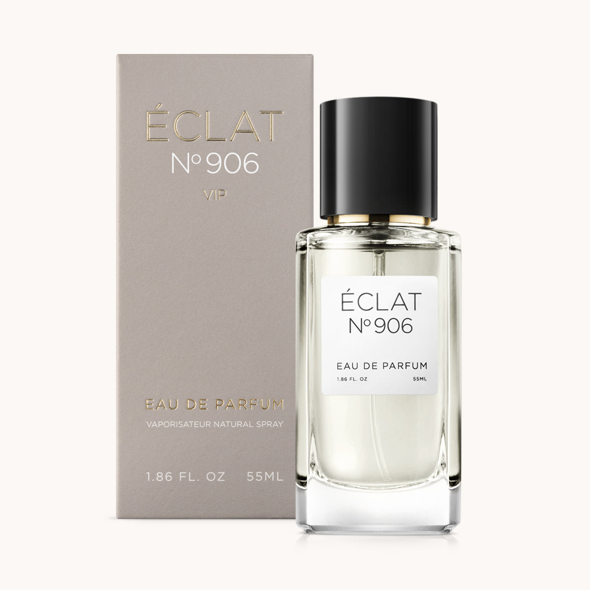 ÉCLAT No. 906 VIP unisex perfume bottle with matching taupe beige packaging. The elegant flacon features a black cylindrical magnetic cap and a clean white label with the inscription ÉCLAT No. 906 VIP and “Eau de Parfum”.