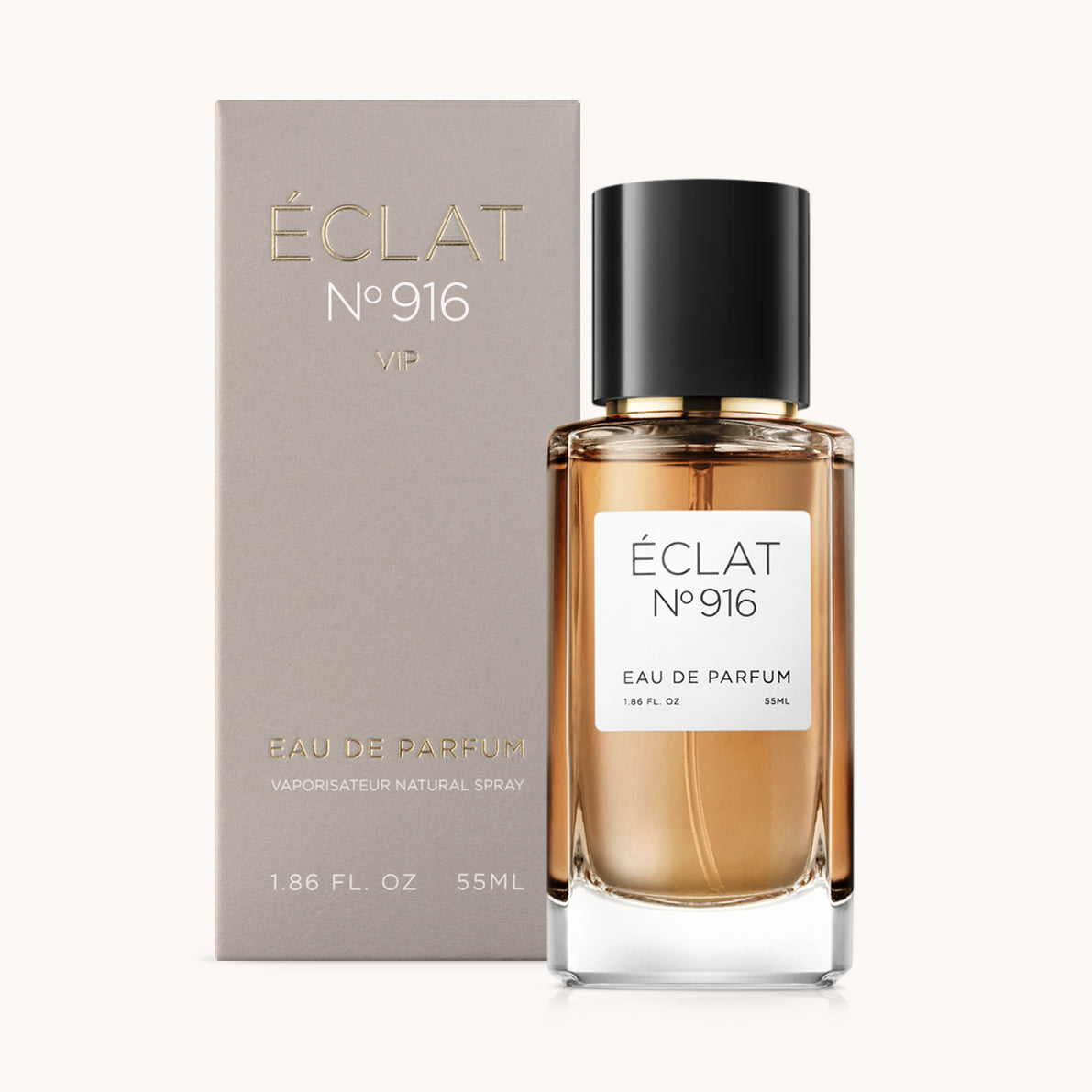 ÉCLAT No. 916 VIP unisex perfume bottle with matching taupe beige packaging. The elegant flacon features a black cylindrical magnetic cap and a clean white label with the inscription ÉCLAT No. 916 VIP and “Eau de Parfum”.