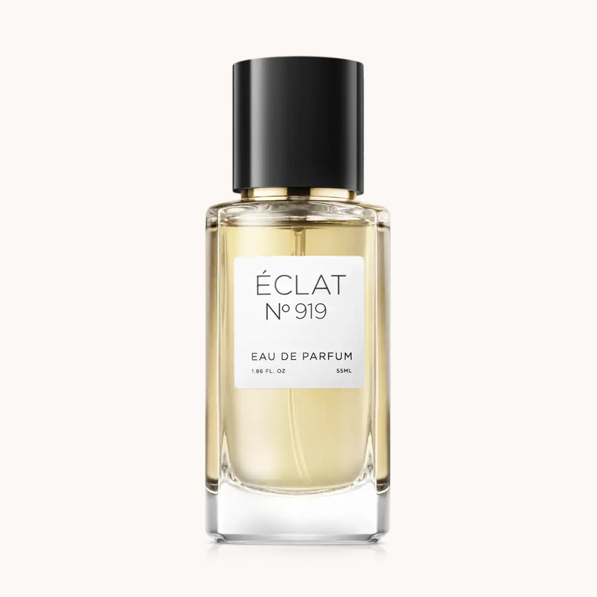 Flacon of the unisex fragrance dupe ÉCLAT No. 919 VIP, an elegant transparent glass bottle with a black cylindrical magnetic cap and a minimalist white label. The label displays the brand name ÉCLAT, the number 919 VIP, and the phrase “Eau de Parfum”.