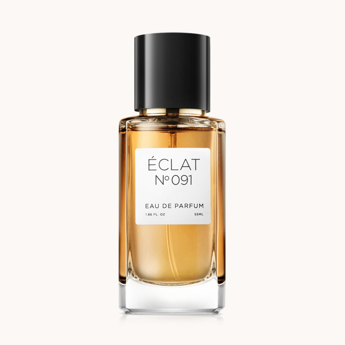 Flacon of the women's perfume dupe ÉCLAT No. 091 RAR, an elegant transparent glass bottle with a black cylindrical magnetic cap and a white label. The label features the brand name ÉCLAT, the number 091 RAR, and the words “Eau de Parfum”.
