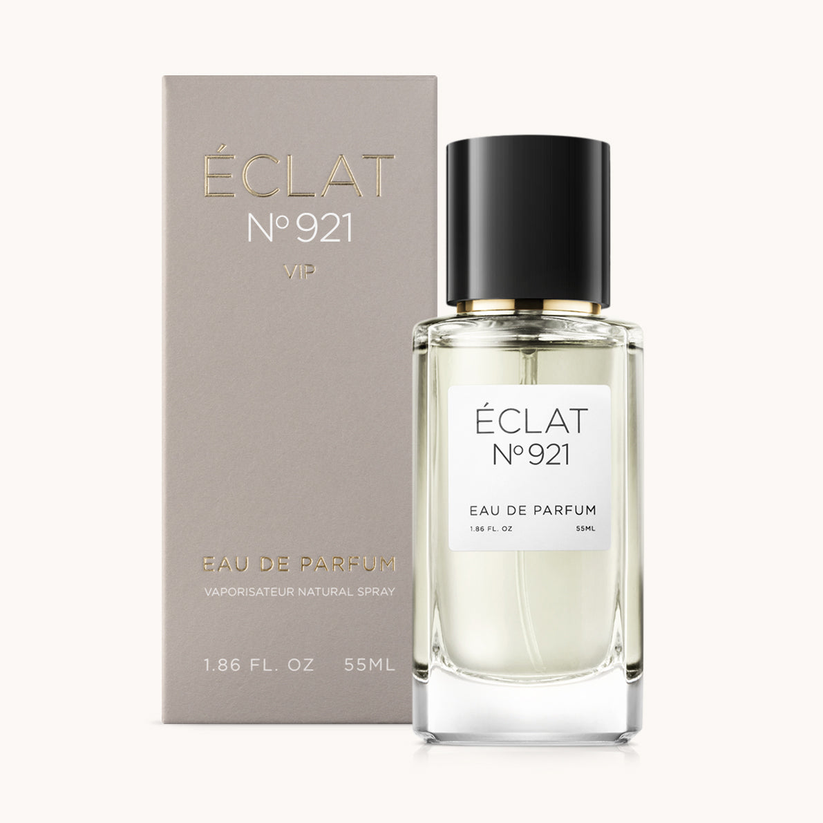 ÉCLAT No. 921 VIP unisex perfume bottle with matching taupe beige packaging. The elegant flacon features a black cylindrical magnetic cap and a clean white label with the inscription ÉCLAT No. 921 VIP and “Eau de Parfum”.