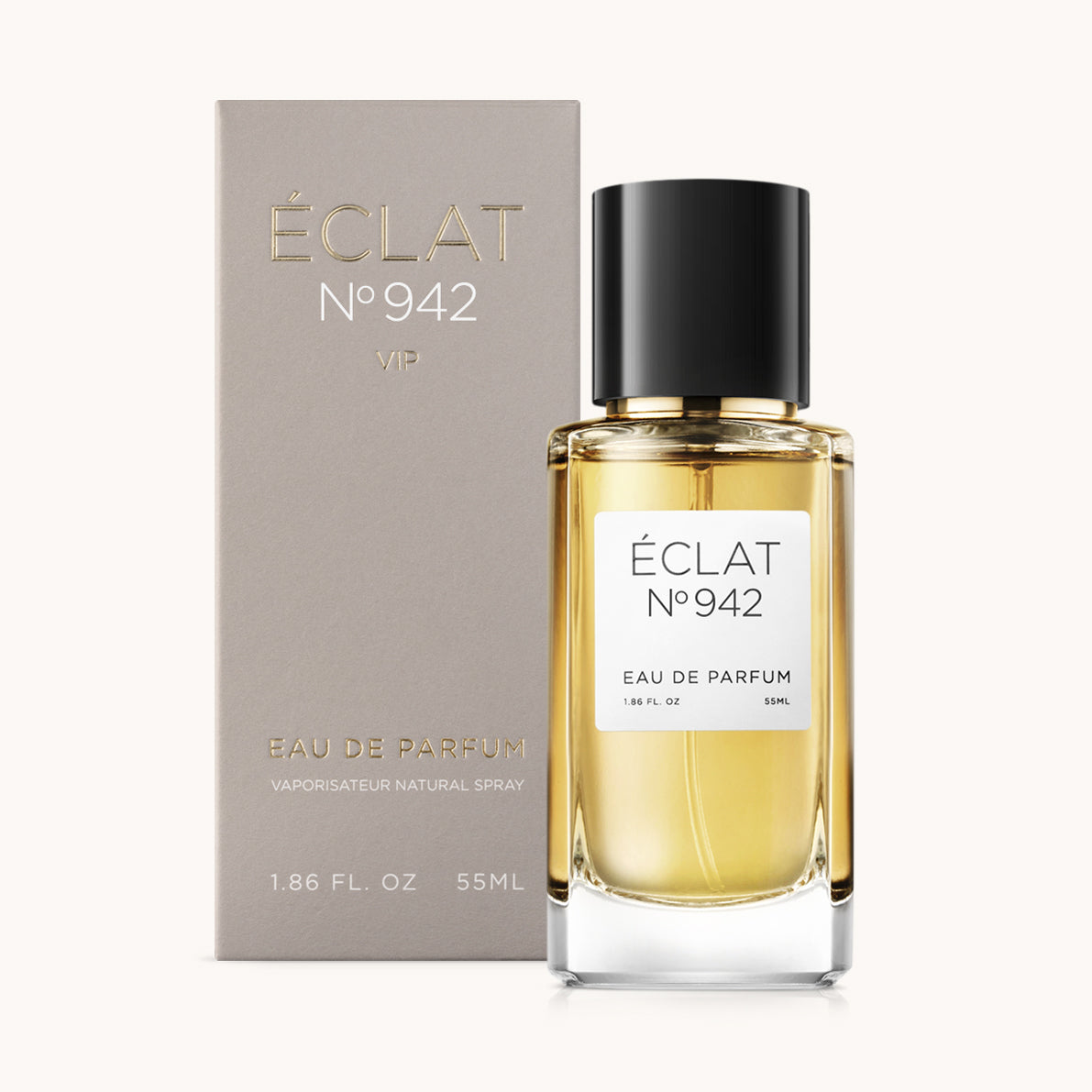 ÉCLAT No. 942 VIP/RAR unisex perfume bottle with matching taupe beige packaging. The elegant flacon features a black cylindrical magnetic cap and a clean white label with the inscription ÉCLAT No. 942 VIP/RAR and “Eau de Parfum”.