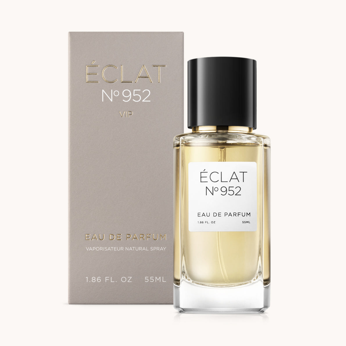 ÉCLAT No. 952 VIP unisex perfume bottle with matching taupe beige packaging. The elegant flacon features a black cylindrical magnetic cap and a clean white label with the inscription ÉCLAT No. 952 VIP and “Eau de Parfum”.