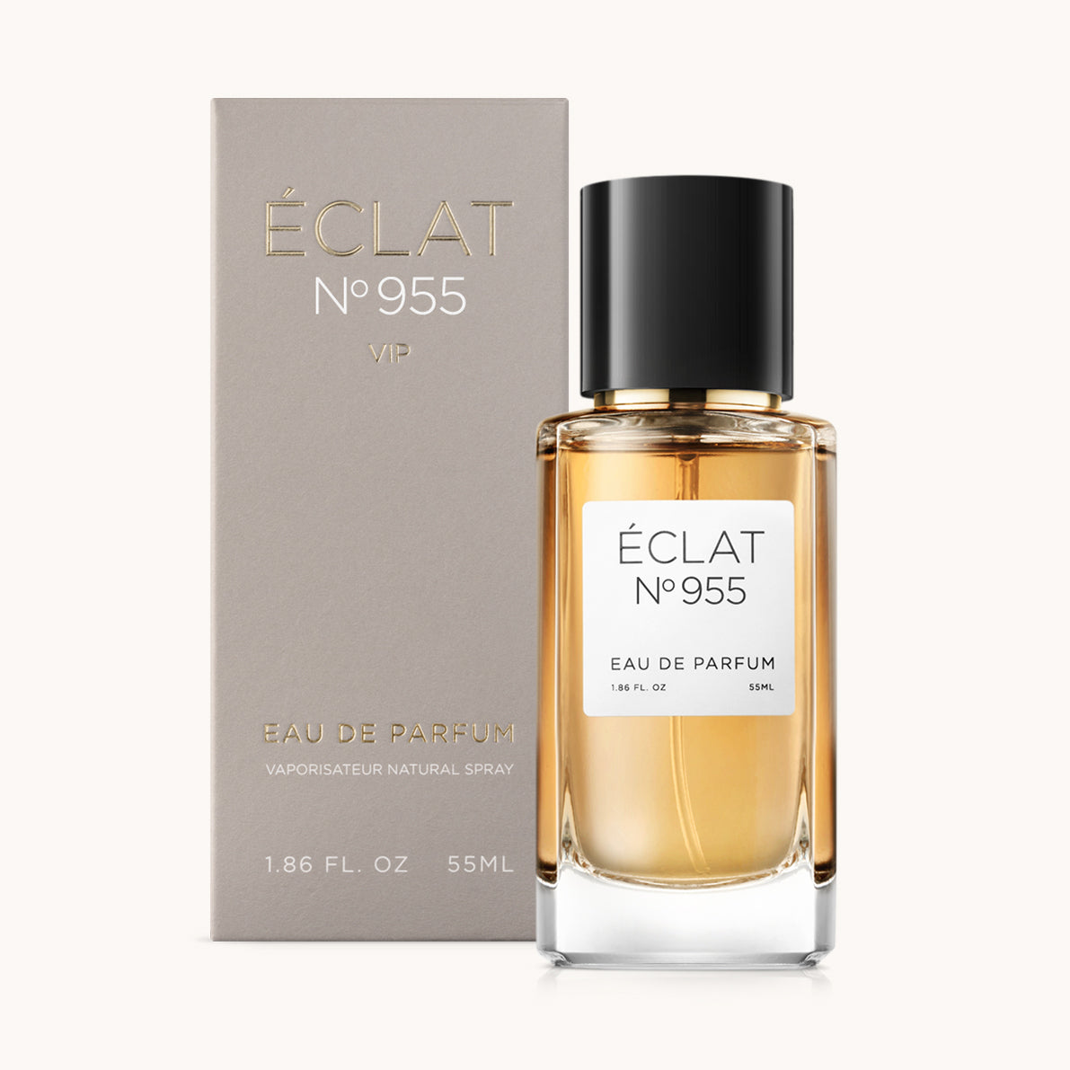 ÉCLAT No. 955 VIP unisex perfume bottle with matching taupe beige packaging. The elegant flacon features a black cylindrical magnetic cap and a clean white label with the inscription ÉCLAT No. 955 VIP and “Eau de Parfum”.