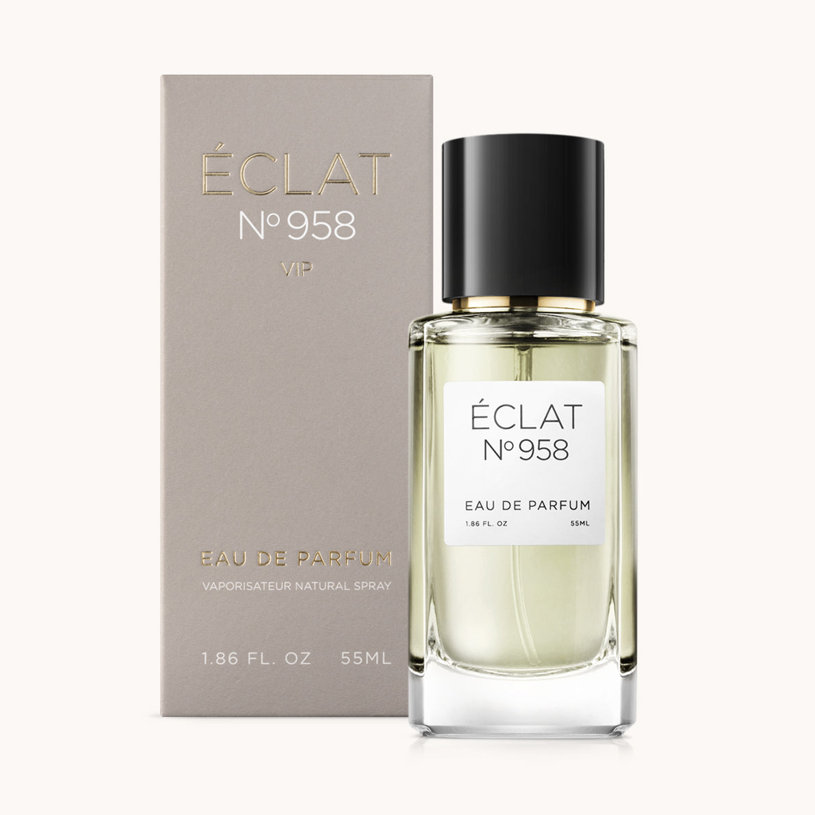 ÉCLAT No. 958 VIP unisex perfume bottle with matching taupe beige packaging. The elegant flacon features a black cylindrical magnetic cap and a clean white label with the inscription ÉCLAT No. 958 VIP and “Eau de Parfum”.