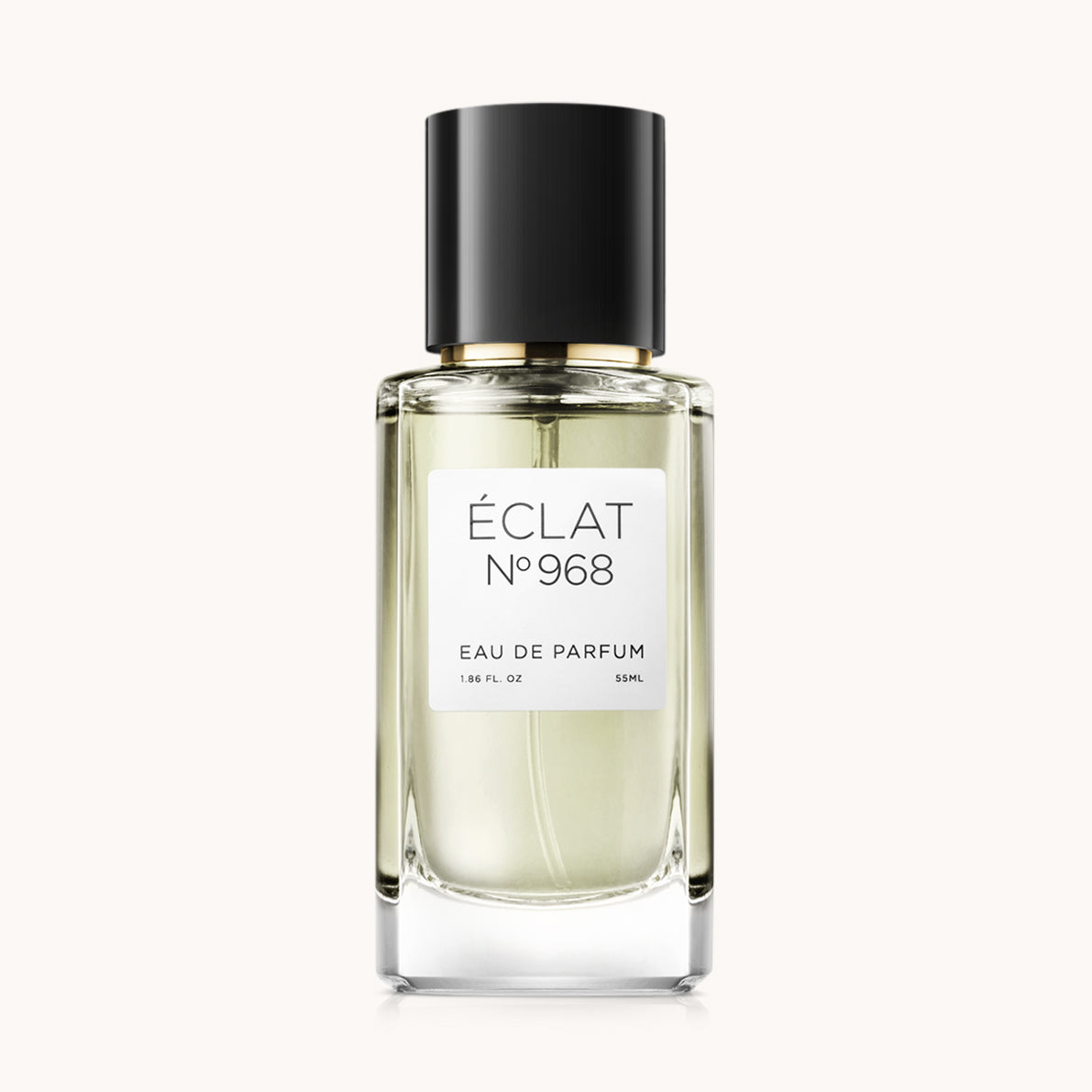 Flacon of the unisex perfume dupe ÉCLAT No. 968 VIP, an elegant transparent glass bottle with a black cylindrical magnetic cap and a minimalist white label. The label displays the brand name ÉCLAT, the number 968 VIP, and the phrase “Eau de Parfum”.
