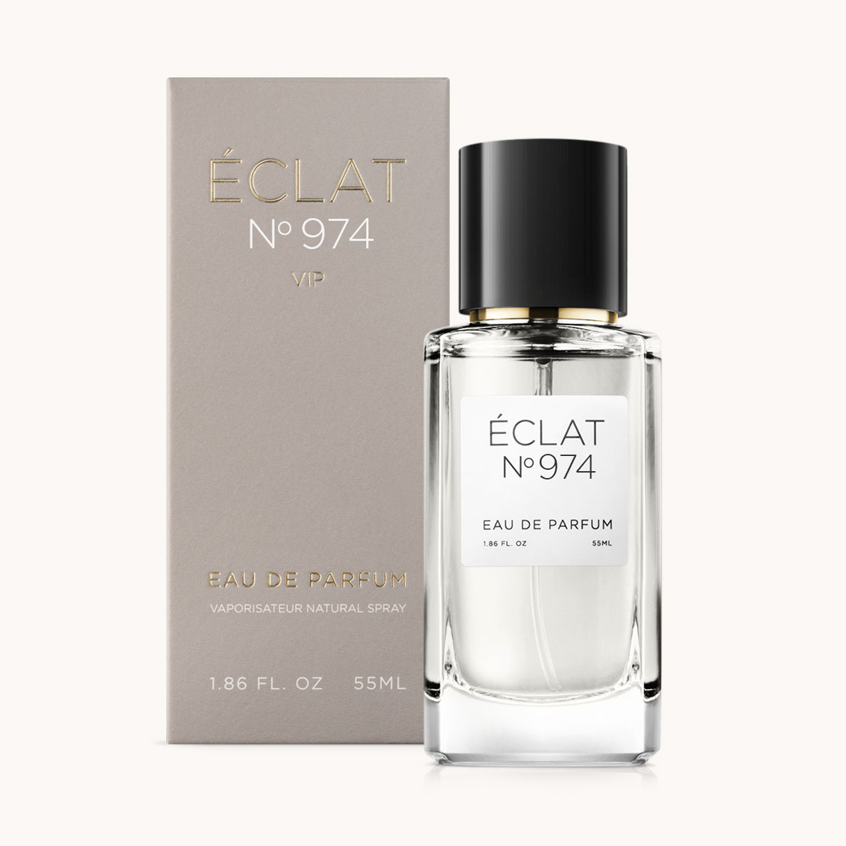 ÉCLAT No. 974 VIP unisex perfume bottle with matching taupe beige packaging. The elegant flacon features a black cylindrical magnetic cap and a clean white label with the inscription ÉCLAT No. 974 VIP and “Eau de Parfum”.