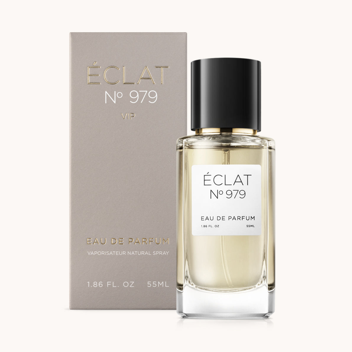 ÉCLAT No. 979 VIP unisex perfume bottle with matching taupe beige packaging. The elegant flacon features a black cylindrical magnetic cap and a clean white label with the inscription ÉCLAT No. 979 VIP and “Eau de Parfum”.