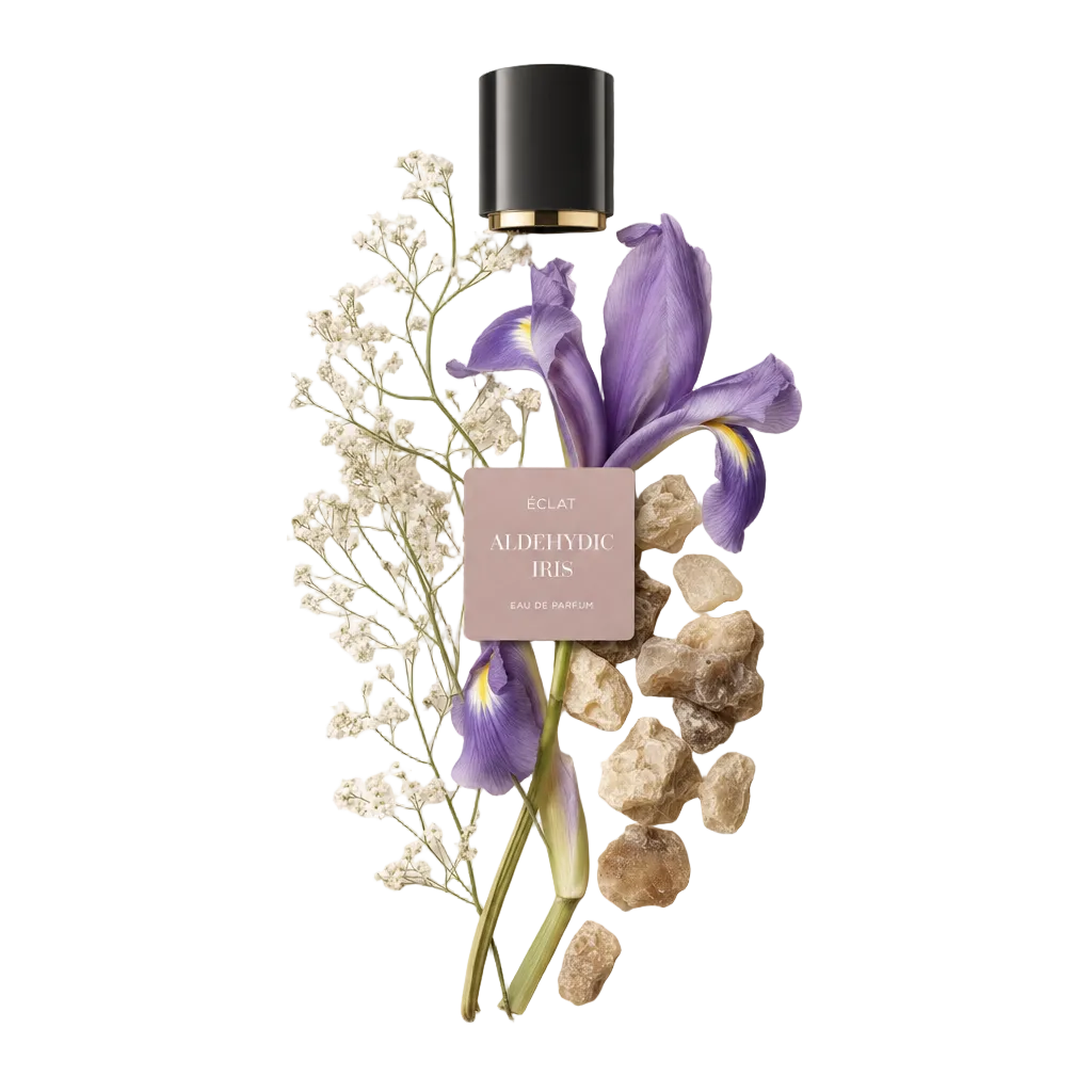 Ein Arrangement aus zarten weißen Blüten, lebhaften lila Irisblüten und kristallisierten Harzstücken um eine schwarze Verschlusskappe mit ÉCLAT Aldehydic Iris Etikett.