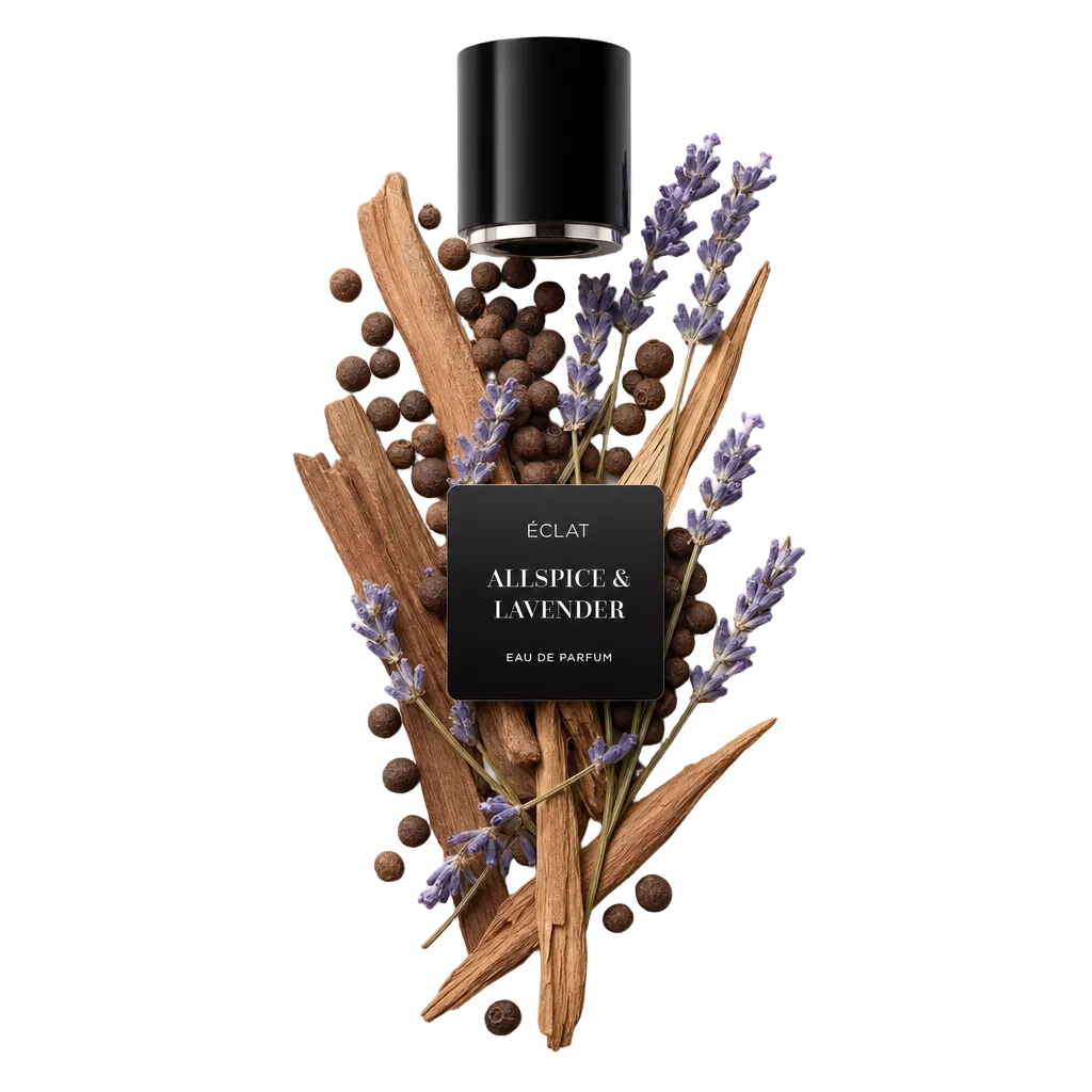 Ein Arrangement aus Pimentkörnern, Zimtstangen und Lavendelzweigen umgibt eine schwarze Kappe mit Etikett ÉCLAT Allspice & Lavender.