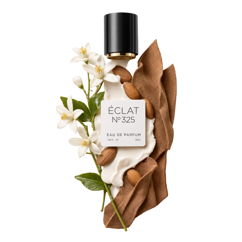 Ein Arrangement aus blühenden weißen Blüten, Mandeln und cremiger Textur mit einem weichen braunen Stoff, neben einer schwarzen Kappe mit Etikett für ÉCLAT Almond Milk & Cashmere.