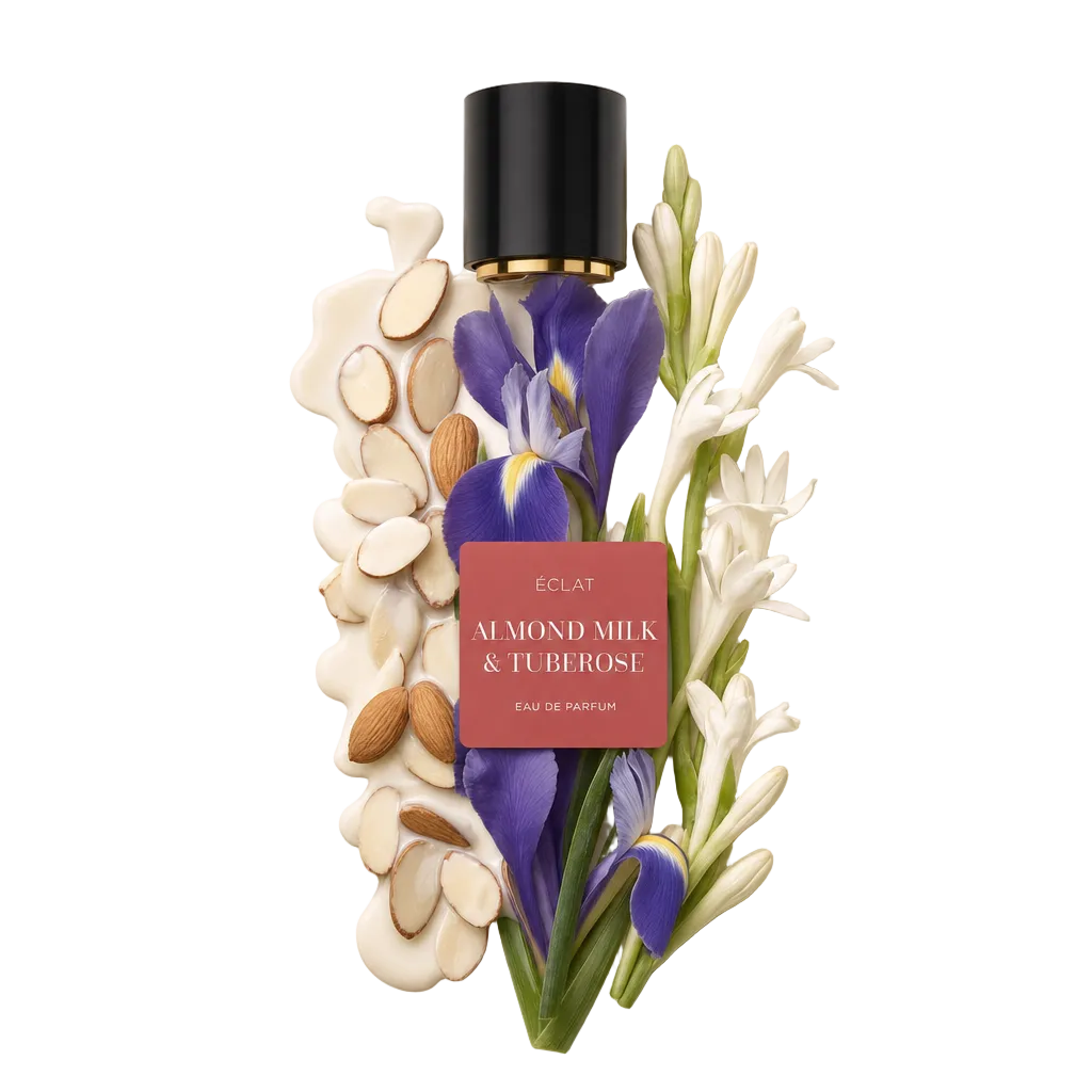 Ein Arrangement aus geschnittenen Mandeln, ganzen Mandeln, Schwertlilien und Tuberosen umgibt eine schwarze Kappe mit Goldakzent und ÉCLAT Almond Milk & Tuberose Etikett.