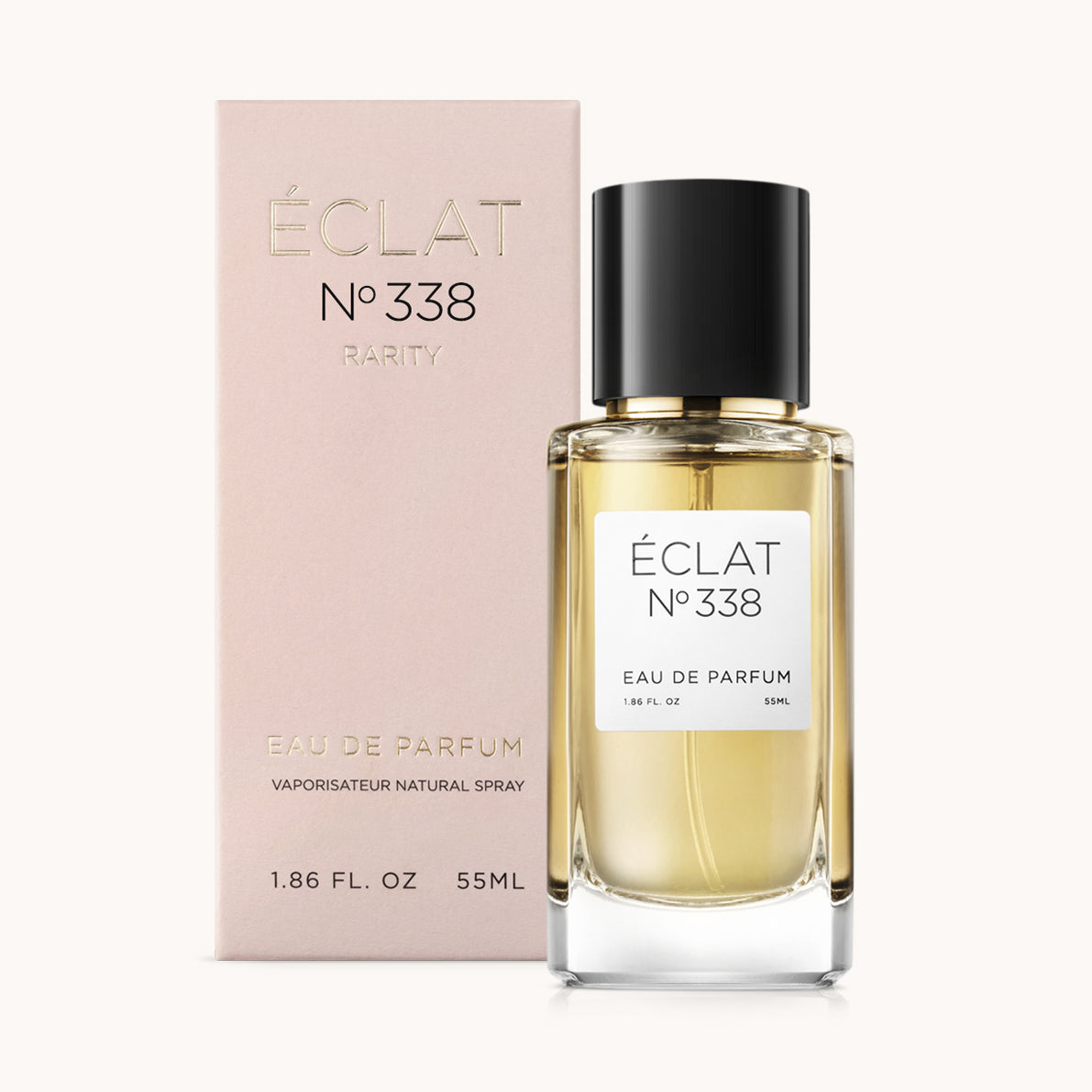 Eleganter Flakon des ÉCLAT Amber & Spices Parfums mit schwarzem Verschluss, neben einer rosafarbenen Box.