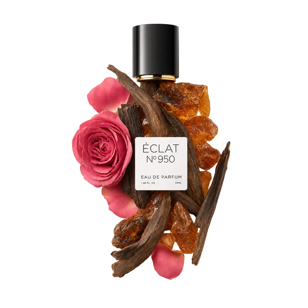Ein Arrangement aus Bernsteinharz, Oud-Holz und einer rosa Rose mit Blütenblättern umgibt eine schwarze Kappe mit ÉCLAT Ambergris & Oud Etikett.