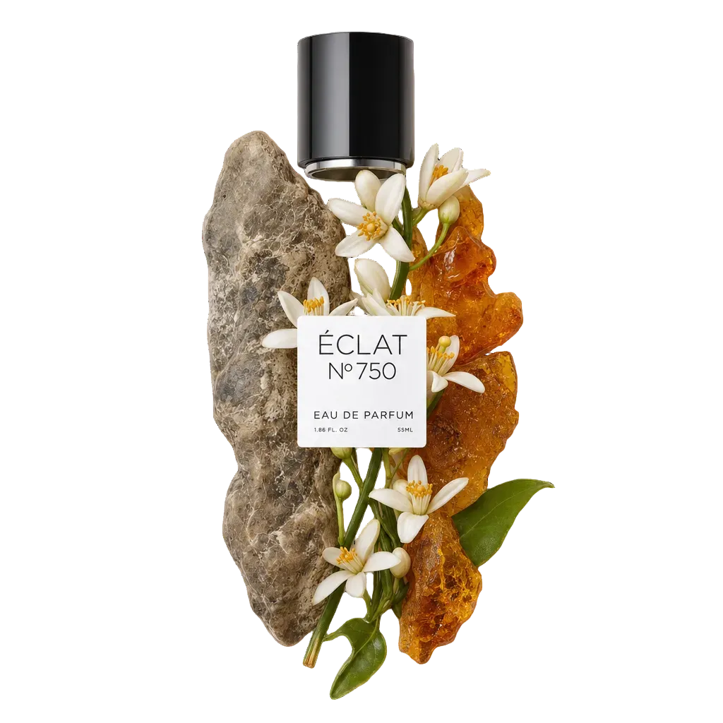 Ein Arrangement aus Bernstein, weißen Blüten und einem strukturierten Stein, ergänzt durch eine schwarze Kappe mit dem ÉCLAT Ambergris & Whiskey Etikett.