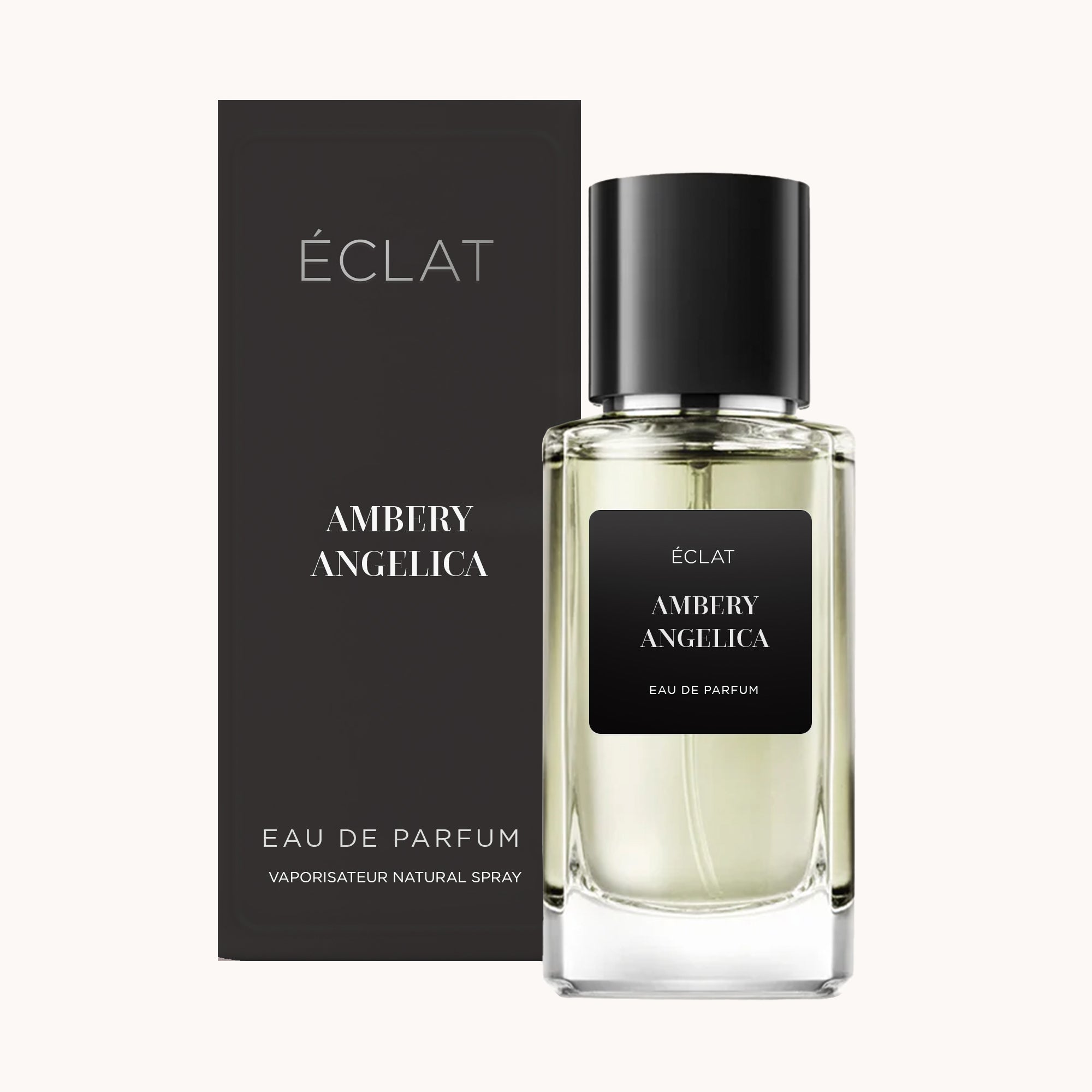 Der Duft ÉCLAT Ambery Angelica präsentiert sich in einem klaren Glasflakon mit elegantem schwarzen Verschluss, begleitet von einer passenden schwarzen Box.