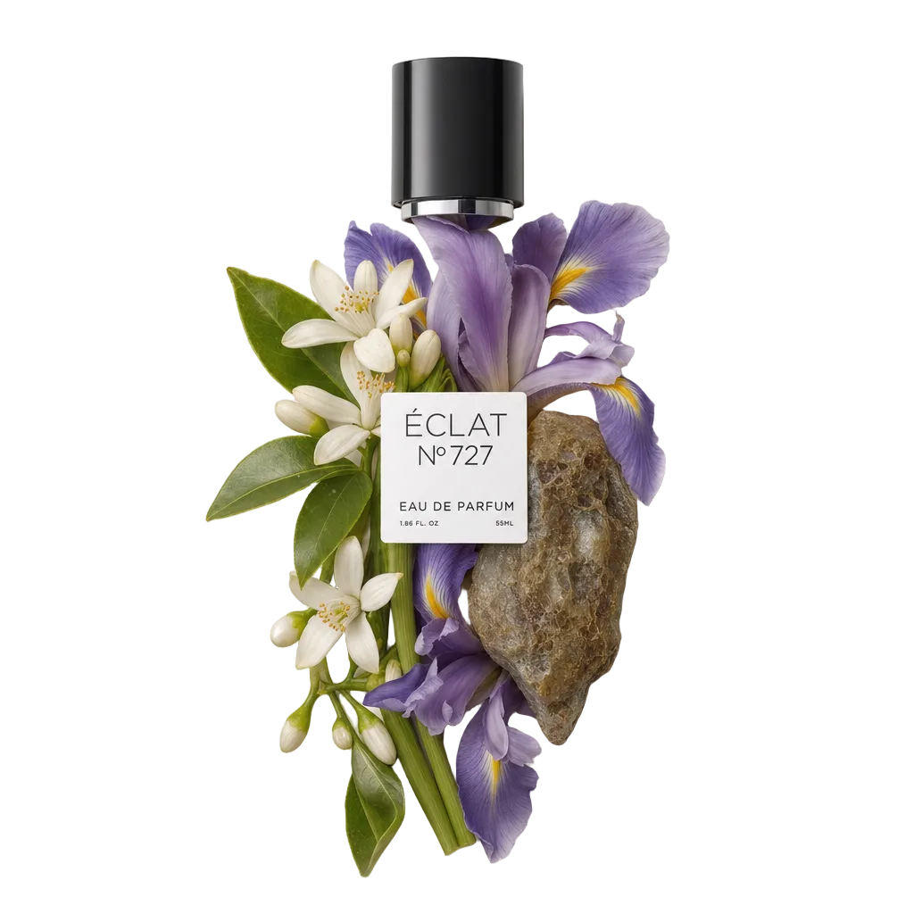 Ein Arrangement aus Irisblüten, Orangenblüten, grünen Blättern und einem Stein ergänzt die schwarze Kappe mit dem Etikett von ÉCLAT Ambery Iris.