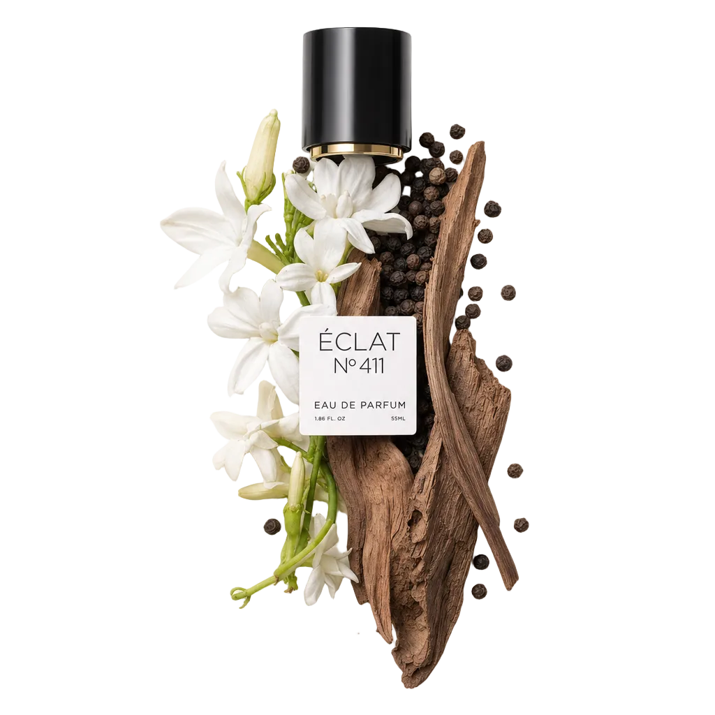 Ein kunstvolles Arrangement aus Jasminblüten, Pfefferkörnern und Holzelementen neben einer schwarzen Kappe mit Etikett für ÉCLAT VIP Ambery Jasmine.