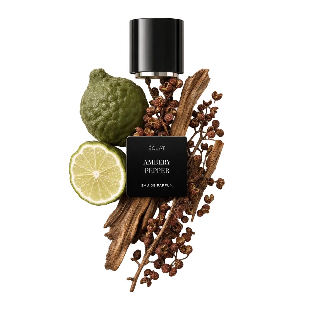 Ein Arrangement aus Bergamotte, Limettenscheibe, getrockneten Pfefferbeeren und Holzakzenten um eine schwarze ÉCLAT Ambery Pepper Kappe mit Etikett.