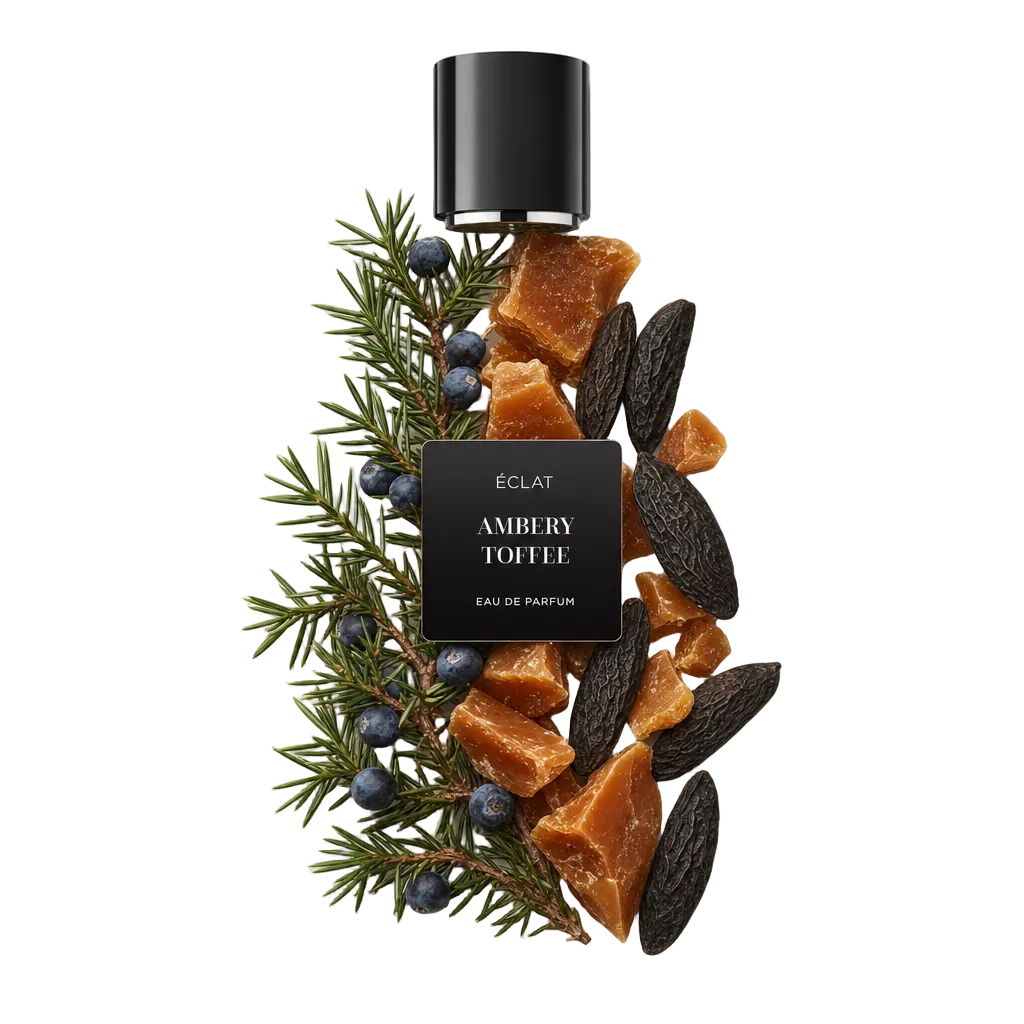 Ein Arrangement aus Ambery-Toffee-Stücken, Tonkabohnen und Wacholderzweigen umgibt eine schwarze ÉCLAT-Kappe mit Etikett.