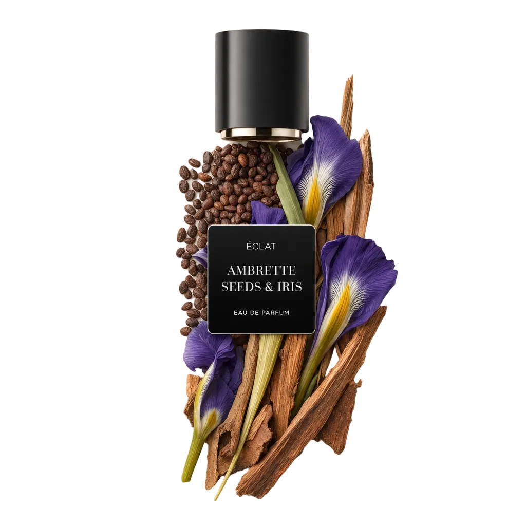 Ein Arrangement aus Ambrettsamen, Schwertlilienblüten und Holzelementen mit einer schwarzen Kappe, beschriftet mit 'ÉCLAT Ambrette Seeds & Iris.'