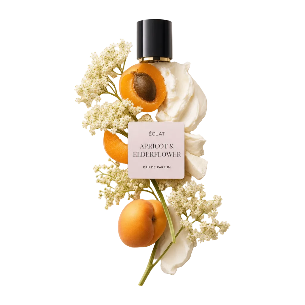 Ein Arrangement aus frischen Aprikosen, Holunderblüten und sanfter Creme, begleitet von einer schwarzen Kappe mit ÉCLAT Apricot & Elderflower Etikett.