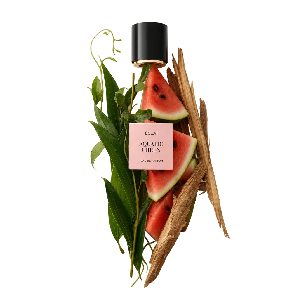 Arrangement aus frischen Wassermelonenstücken, üppigen grünen Blättern und holzigen Stängeln mit ÉCLAT Aquatic Green Etikett; gekrönt von einer schwarzen Kappe.