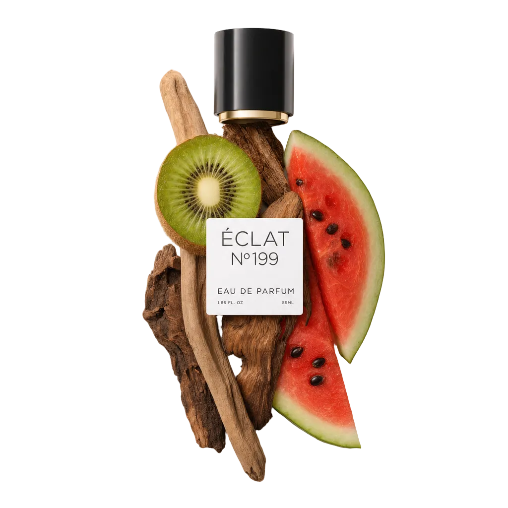 Ein Arrangement aus frischer Kiwi-Scheibe, Wassermelonenstück und Holzstäbchen mit einer schwarzen Kappe und ÉCLAT-Etikett.