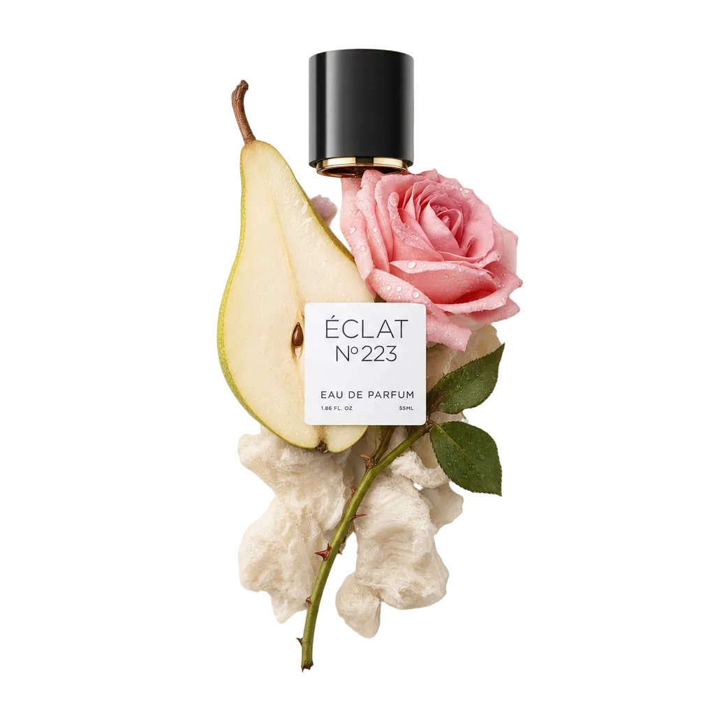 Ein arrangiertes Stillleben mit einer aufgeschnittenen Birne, einer taufrischen rosa Rose und einem Stiel mit grünen Blättern, umgeben von einer schwarzen Kappe von ÉCLAT Aquatic Rose mit elegantem Etikett.