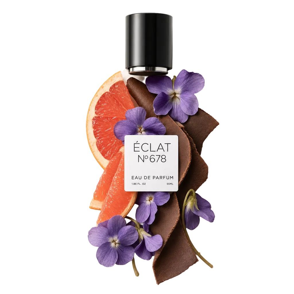 Ein Arrangement aus Veilchenblüten, Grapefruitscheiben und gebogenem braunem Leder umgibt eine schwarze Kappe mit ÉCLAT-Etikett.