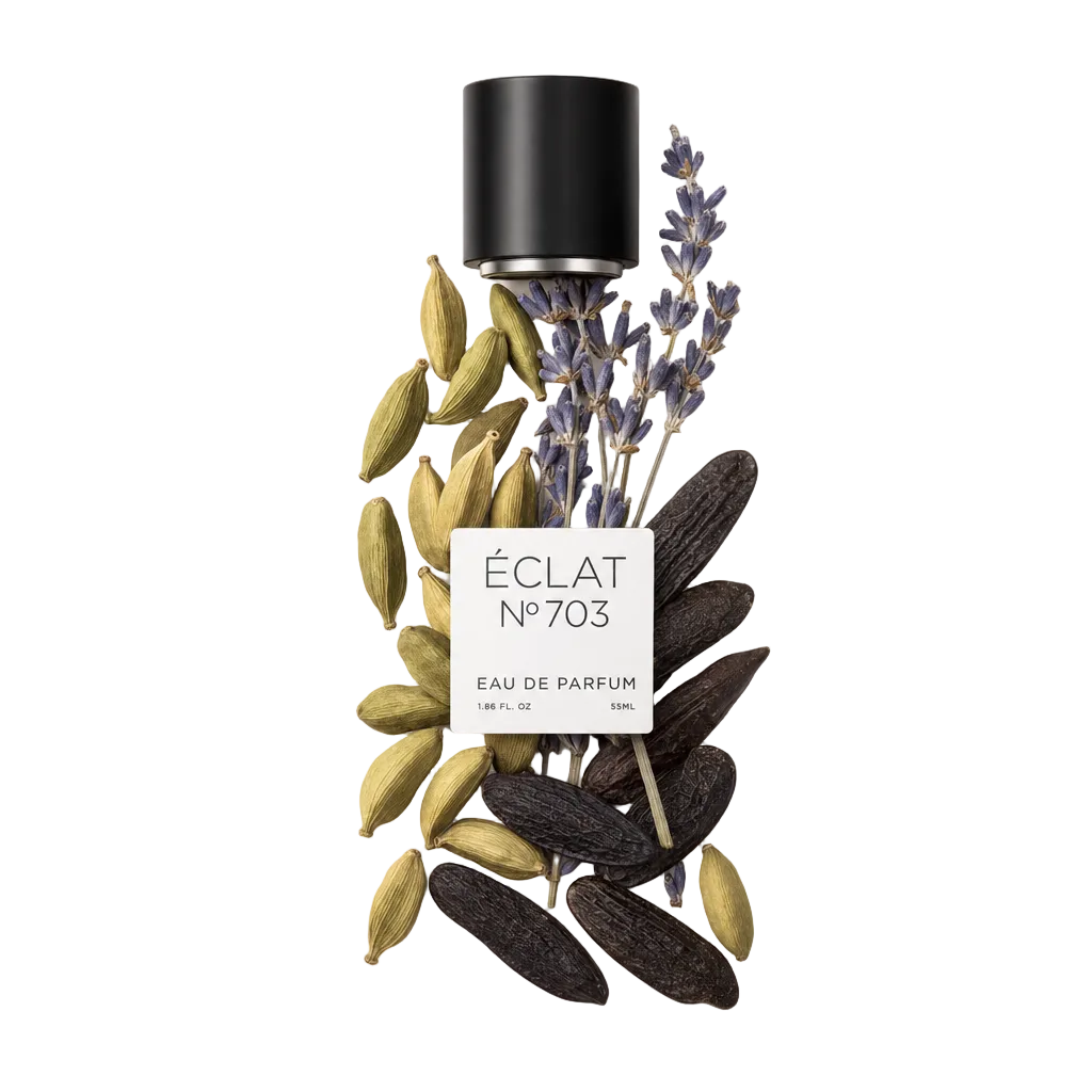 Ein Arrangement aus Kardamomkapseln, Tonkabohnen und Lavendelzweigen umgibt eine schwarze Verschlusskappe mit ÉCLAT Aromatic Cardamom Etikett.