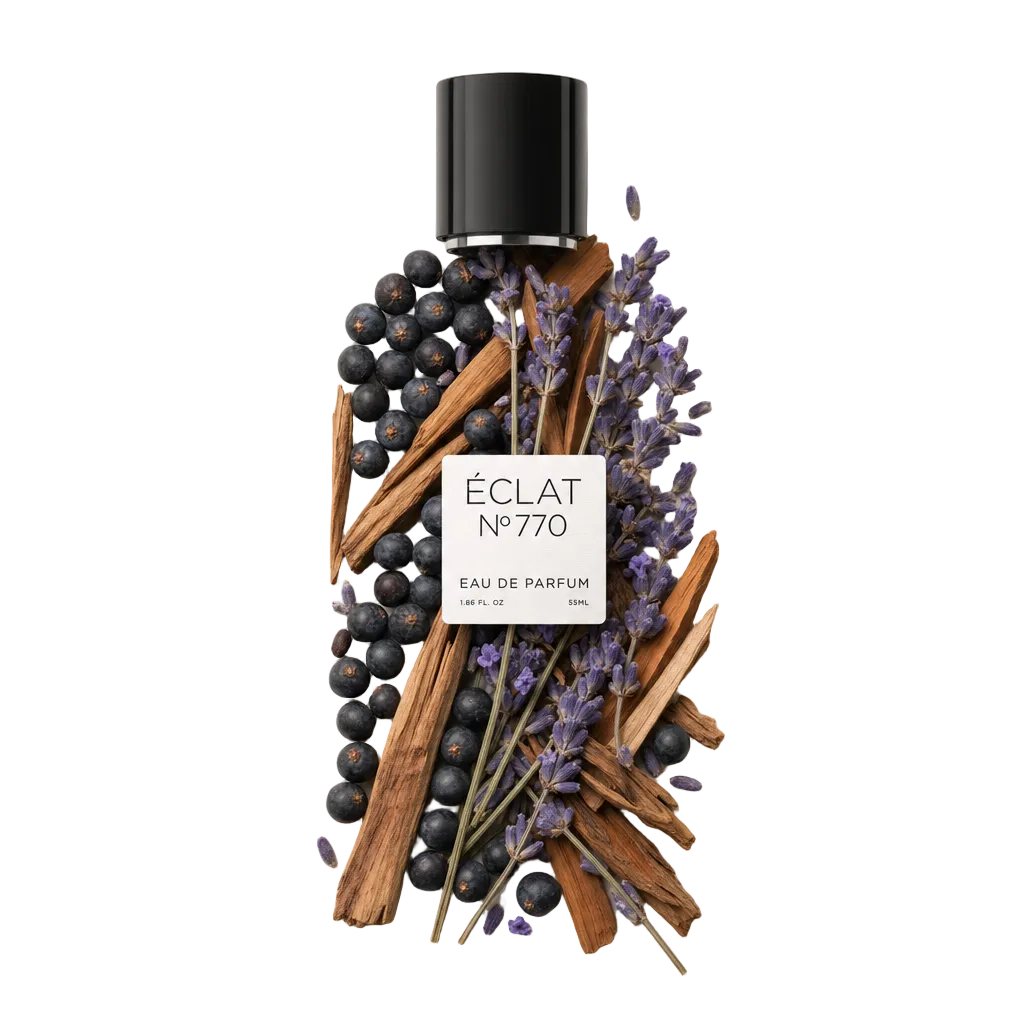 Ein Arrangement aus Sandelholzstäbchen, Wacholderbeeren und Lavendelzweigen umgibt eine schwarze Verschlusskappe mit Etikett von ÉCLAT Aromatic Sandalwood.