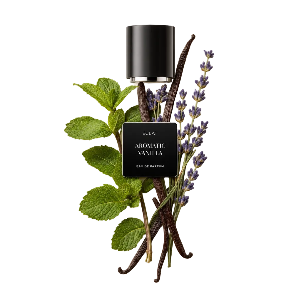 Ein raffiniertes Arrangement aus Minzblättern, Lavendelzweigen und Vanilleschoten umgibt eine schwarze Kappe mit ÉCLAT Aromatic Vanilla Etikett.