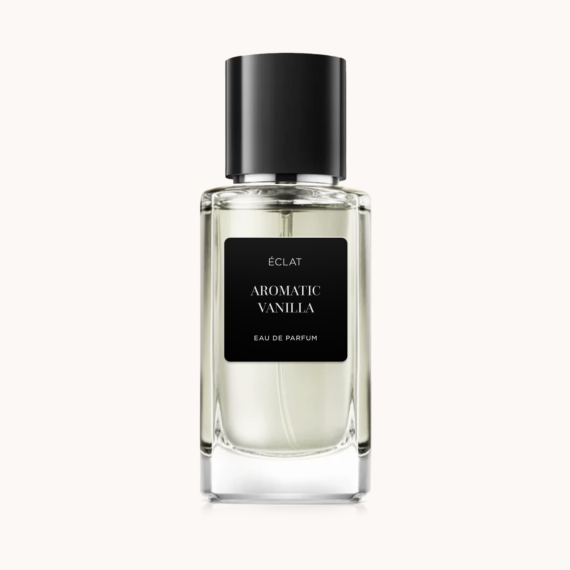 Klarer Glasflakon von ÉCLAT Aromatic Vanilla mit schwarzem Etikett und passender Kappe.