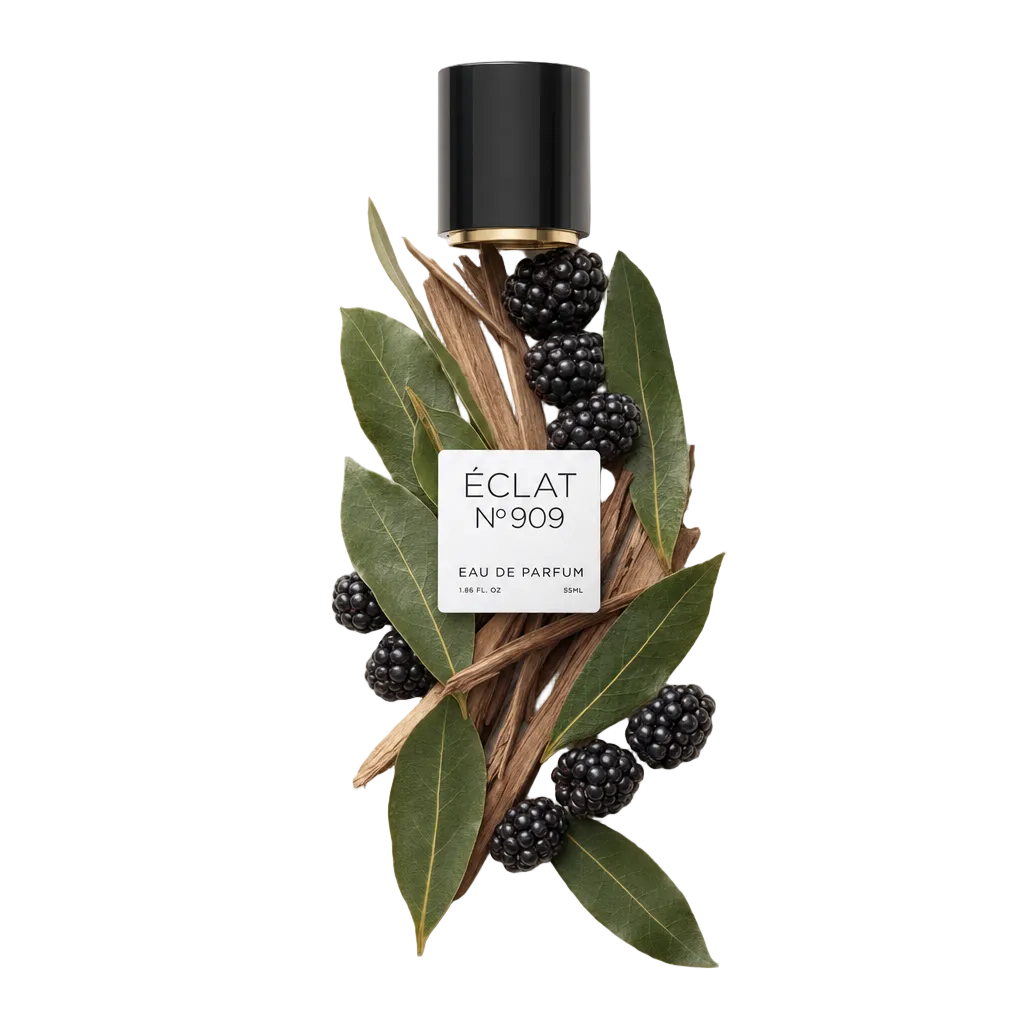 Ein Arrangement aus frischen Brombeeren und Lorbeerblättern umgibt eine schwarze Verschlusskappe mit Etikett, die ÉCLAT Bay Leaf & Blackberry repräsentiert.