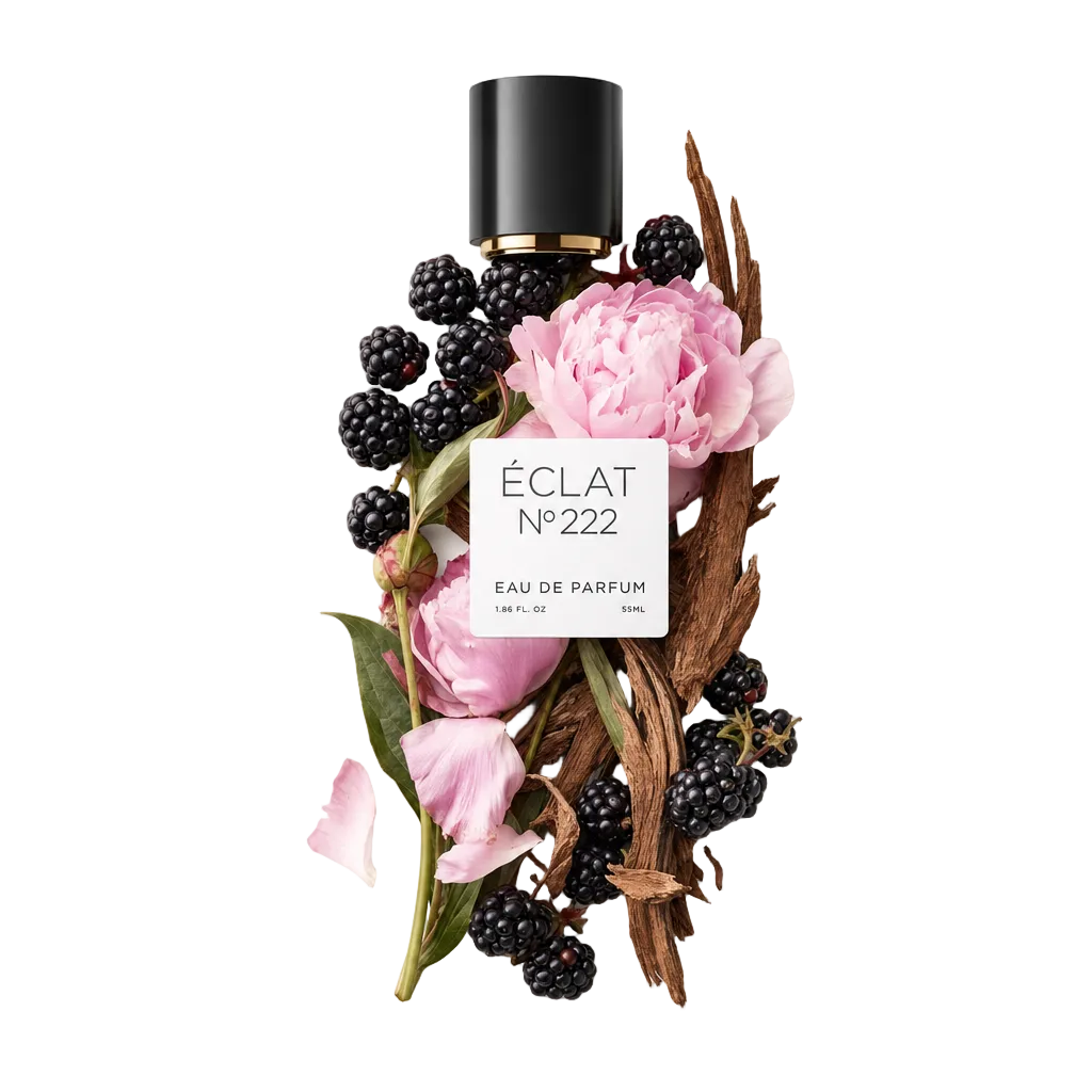 Ein Arrangement aus rosa Pfingstrosen, Brombeeren und Zedernholzstücken mit einer schwarzen Kappe und etikettiertem Schild von ÉCLAT Berries & Cedar.