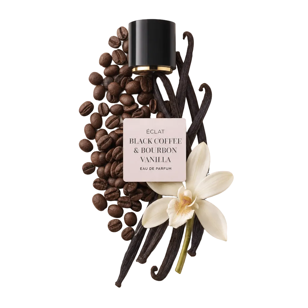 Ein Arrangement aus Kaffeebohnen und Vanilleschoten um eine schwarze Verschlusskappe mit ÉCLAT Black Coffee & Bourbon Vanilla Etikett.