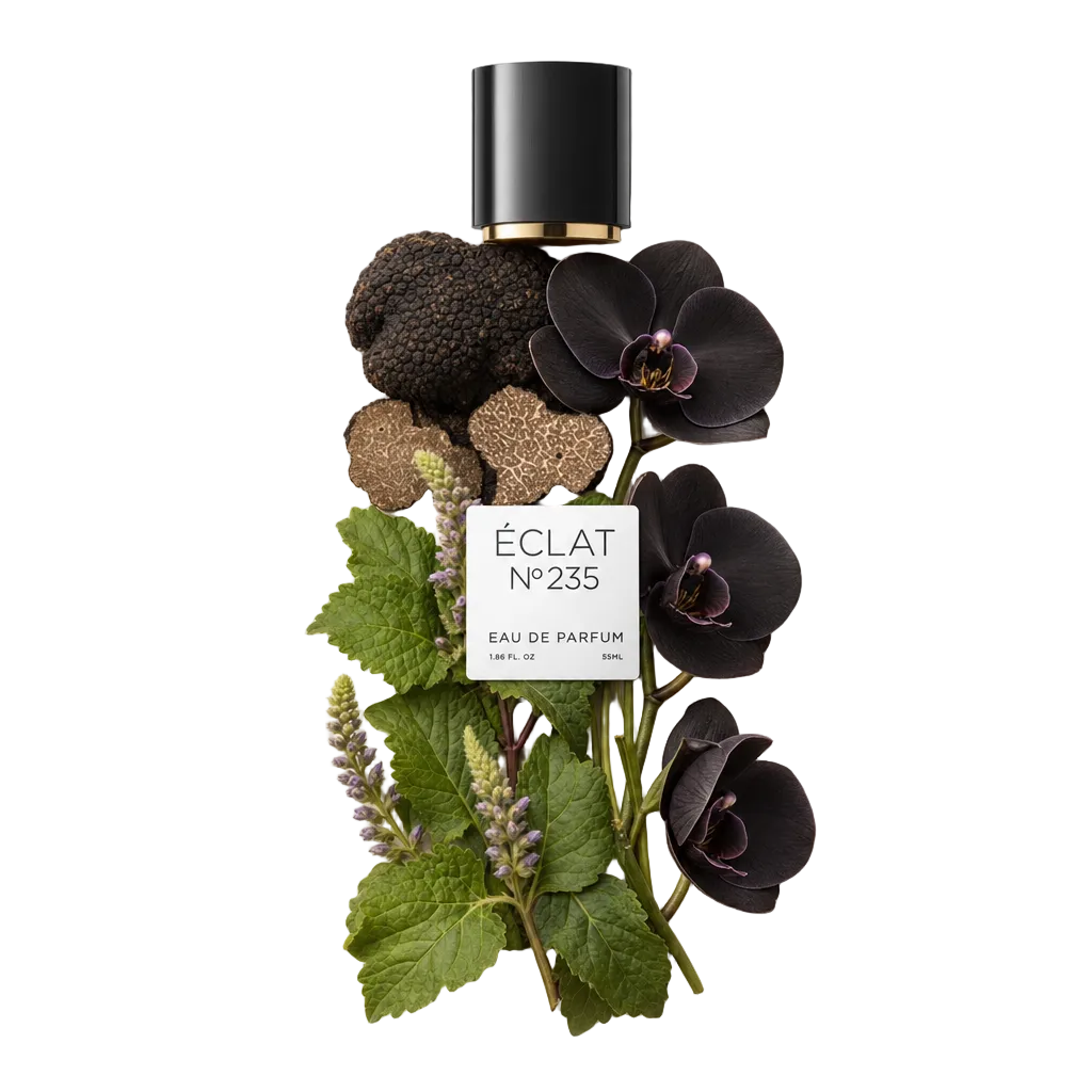 Ein von Hand arrangiertes Stillleben aus schwarzen Trüffeln, geschnittenen Trüffeln, schwarzen Orchideen und grünen Blättern umrahmt eine schwarze Kappe mit ÉCLAT Black Truffle & Orchid Etikett.