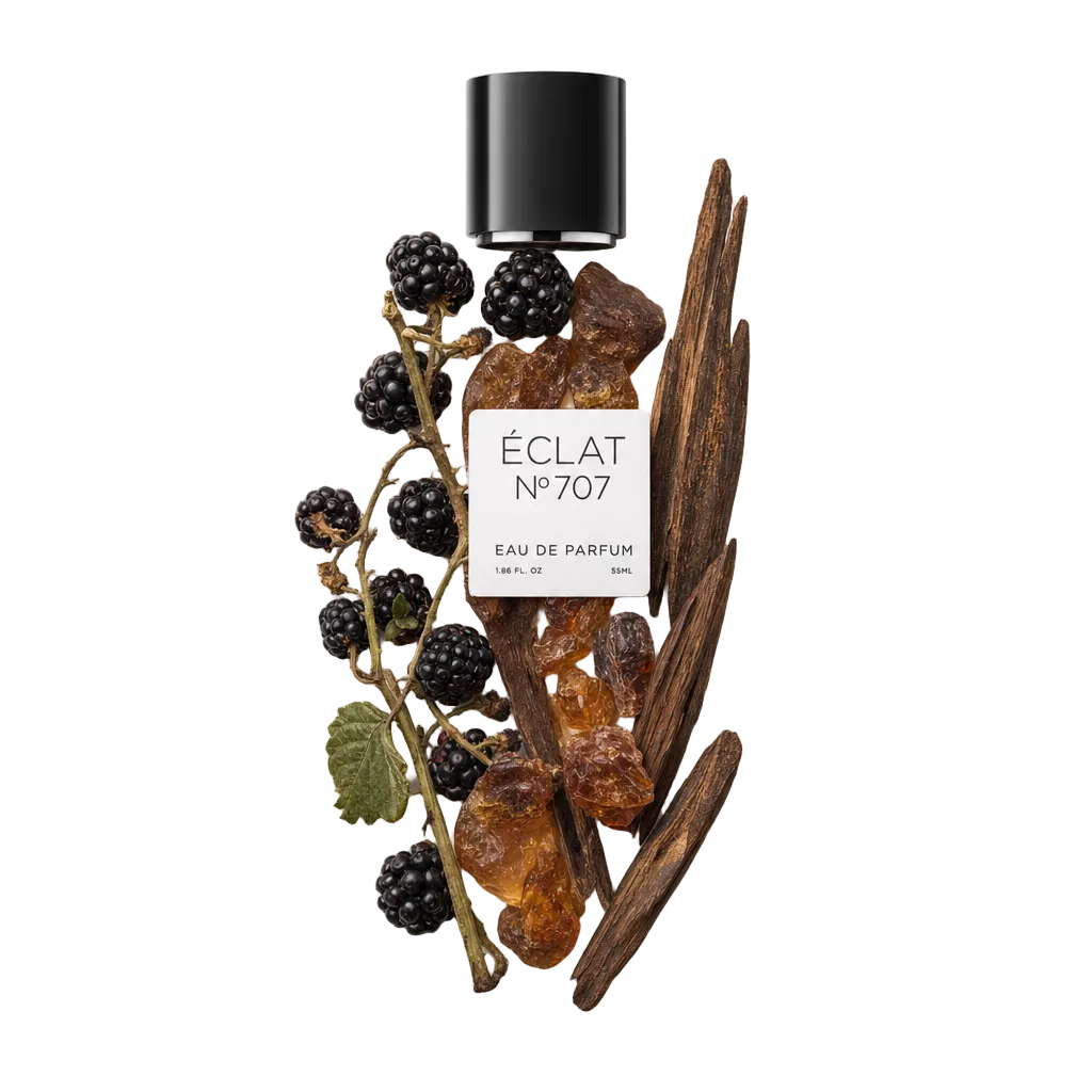 Ein Arrangement aus Brombeeren, Amberharzen und Holzstäben umgibt die originale schwarze Kappe mit Etikett von ÉCLAT 707 VIP.