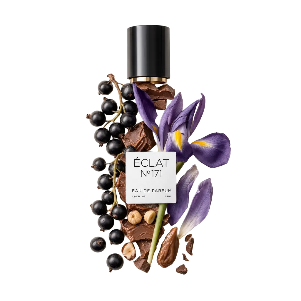 Ein Arrangement aus schwarzen Johannisbeeren, Pralinen-Schokolade und violetten Irisblüten mit der originalen schwarzen Kappe von ÉCLAT, verziert mit einem Etikett.