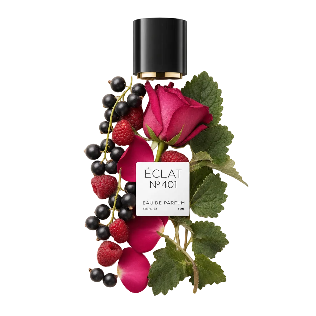 Ein Arrangement aus schwarzen Johannisbeeren, Himbeeren, einer pinken Rose und grünen Blättern umgibt eine schwarze Kappe mit Etikett für ÉCLAT Blackcurrant & Raspberry.