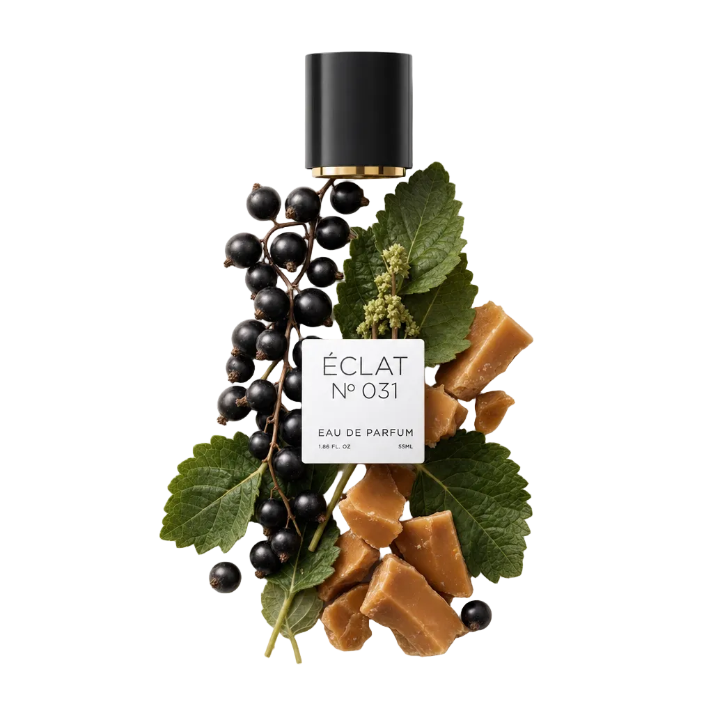 Ein Arrangement aus schwarzen Johannisbeeren und Toffeestücken mit grünen Blättern umgibt eine schwarze Kappe mit dem ÉCLAT Blackcurrant & Toffee Etikett.