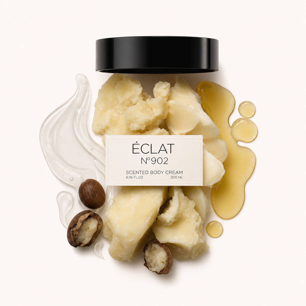Ein kunstvolles Arrangement aus Sheabutterstücken, Öltropfen, Nüssen und einer glänzenden klaren Substanz umgibt eine schwarze Kappe mit ÉCLAT-Etikett.