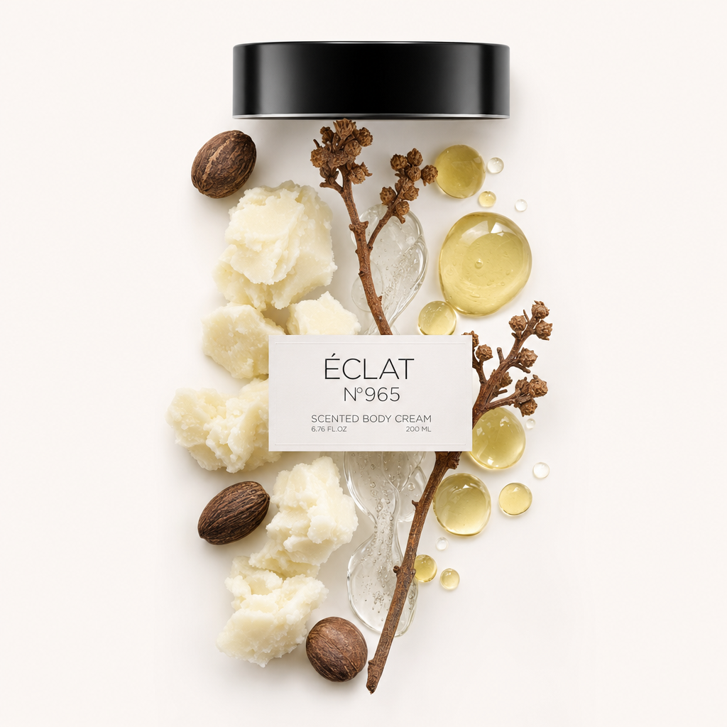 Ein sorgfältig arrangiertes Stillleben aus ÉCLAT 965 Zutaten umfasst ganze Nüsse, cremige Sheabutter, bernsteinfarbene Flüssigkeitstropfen und einen Zweig, mit der originalen schwarzen Kappe und Etikett obenauf.