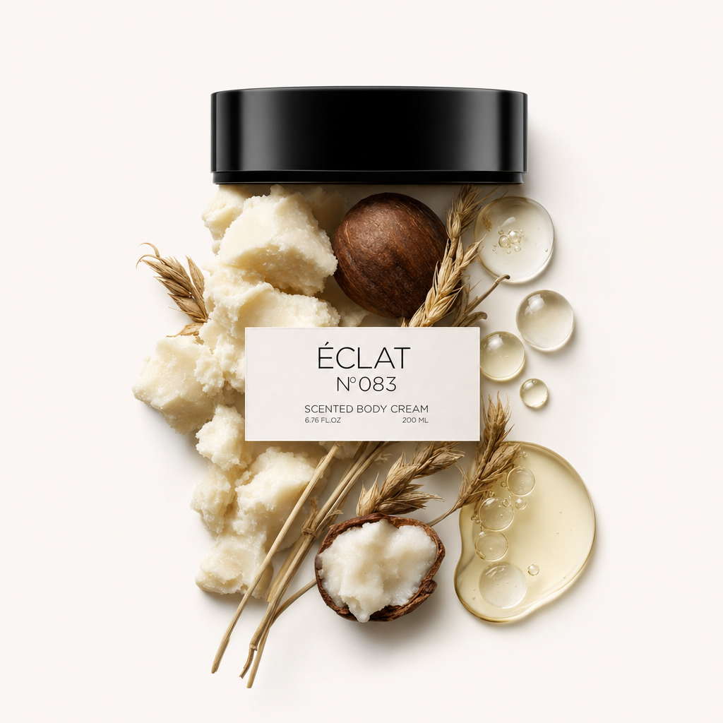 Ein Arrangement aus Shea-Butter-Stücken, Weizenhalmen, einer ganzen Nuss und Öltropfen, umgibt die schwarze Kappe mit Etikett der ÉCLAT 083 Body Cream.
