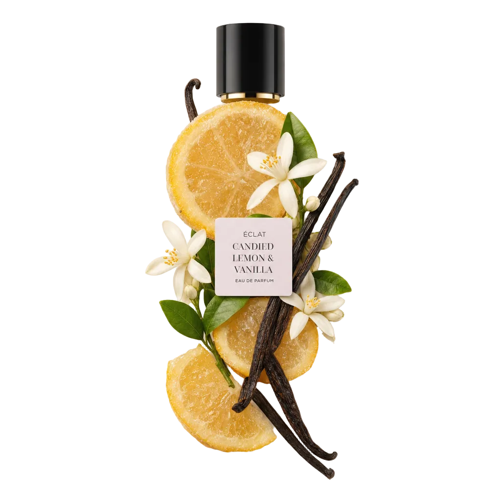 Ein Arrangement aus kandierten Zitronenscheiben, Vanilleschoten und weißen Blüten umgibt eine schwarze Verschlusskappe mit dem Etikett ÉCLAT Candied Lemon & Vanilla.