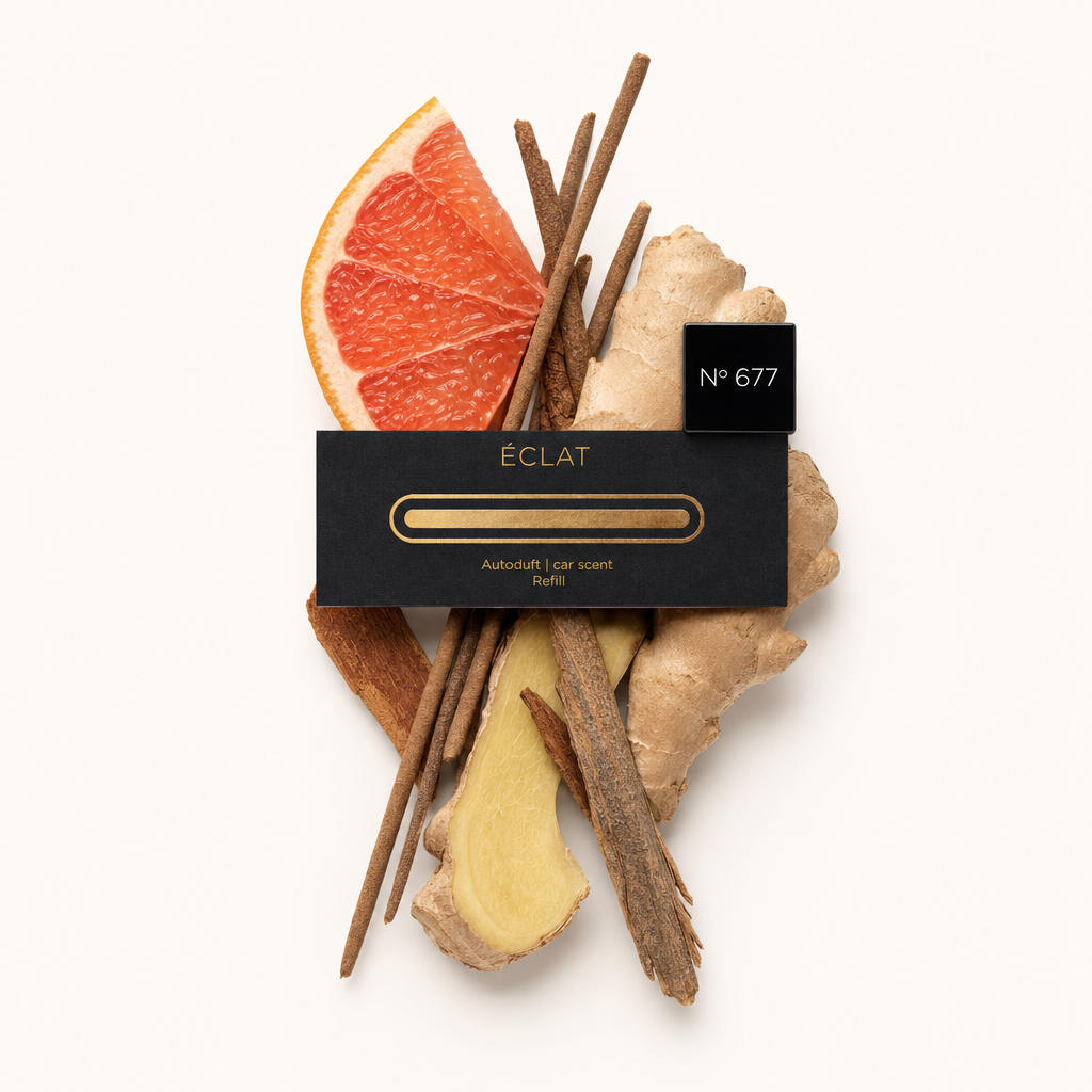 Ein Arrangement aus Grapefruitscheibe, Zimtstangen und Ingwerstücken umgibt eine schwarze Kappe mit dem Etikett 'ÉCLAT 677'.