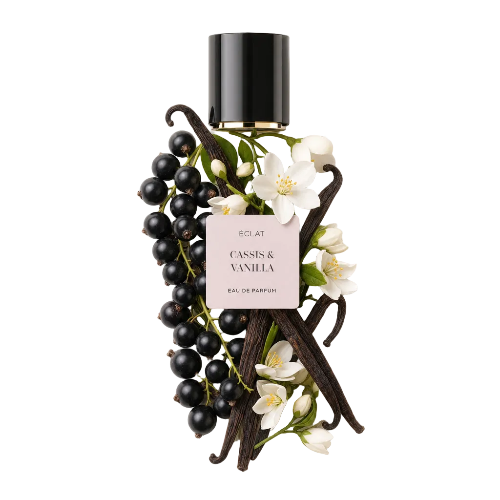 Ein Arrangement aus schwarzen Johannisbeeren, Vanilleschoten und weißen Blüten umgibt eine schwarze Verschlusskappe mit Etikett für ÉCLAT Cassis & Vanilla.